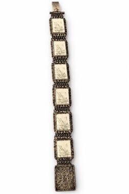 Antique 1920s Chinese Export Silver Filigree Scrimshaw Bone Panel Bracelet - Art